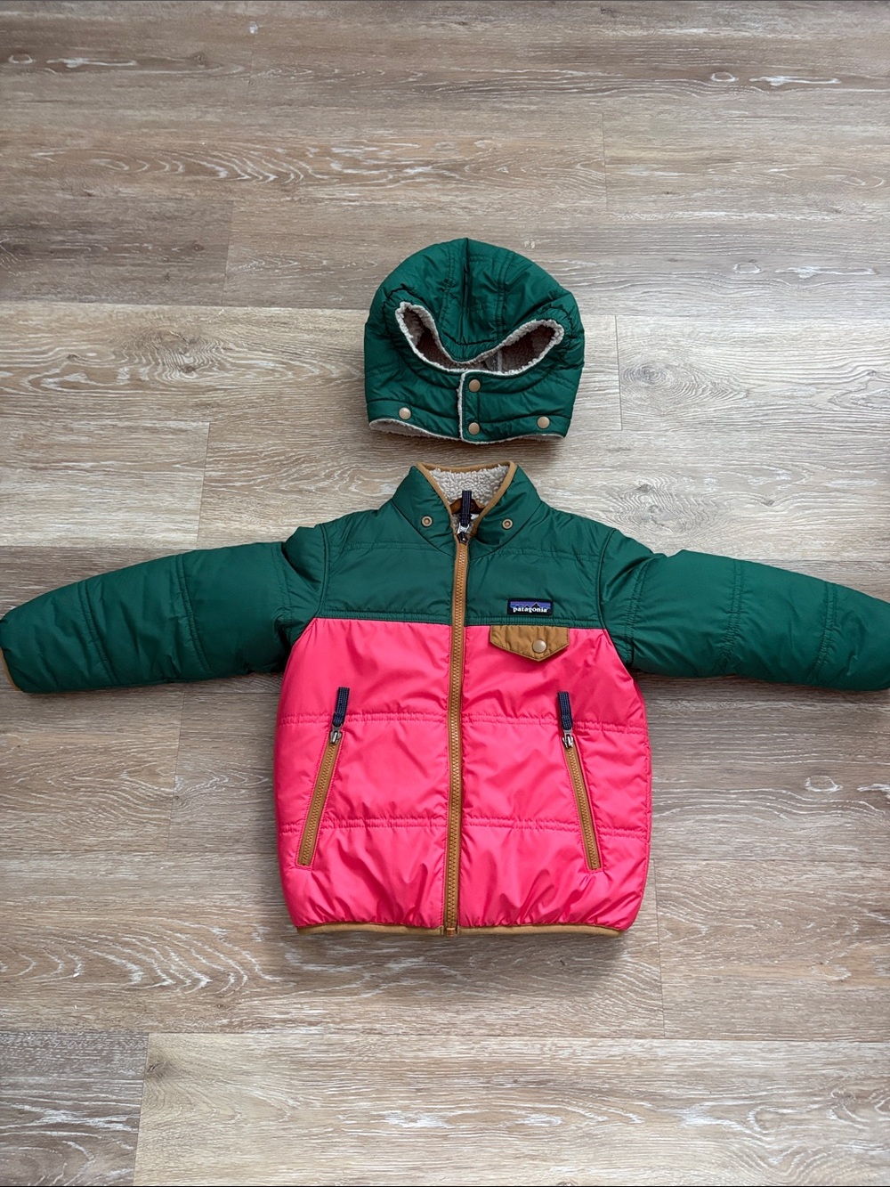 Patagonia Green & Pink Kids Puffer Jacket with Detachable Hood